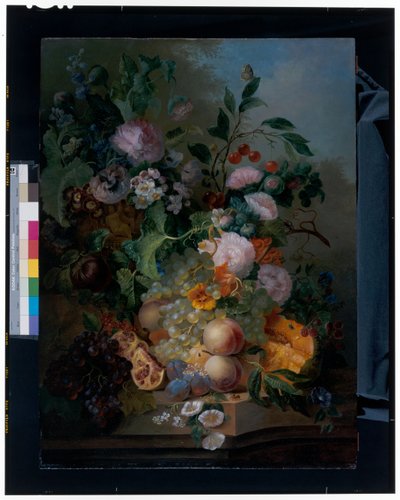 Stilleven met bloemen, peren, druiven, kersen, een meloen en vlinders door Jan Evert Morel