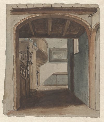 Interieur met doorkijk naar trap door Jan Fabius Czn (attributed to)