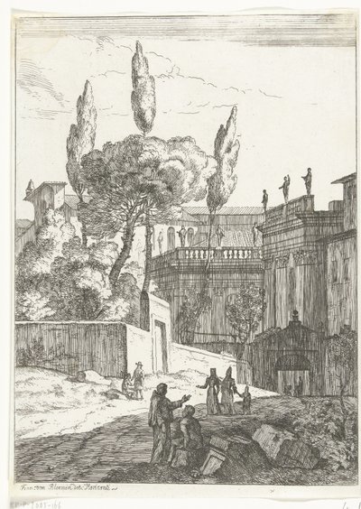Italianiserend landschap met antieke gebouwen en figuren door Jan Frans van Bloemen