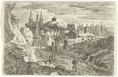 Italianiserend landschap met reizigers bij stadsmuren door Jan Frans van Bloemen
