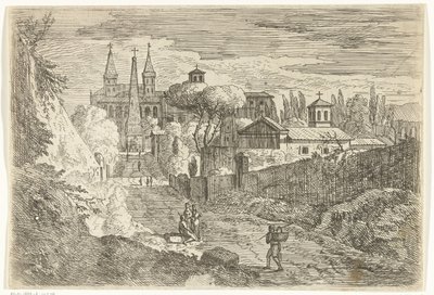 Italianiserend landschap met reizigers bij stadsmuren door Jan Frans van Bloemen