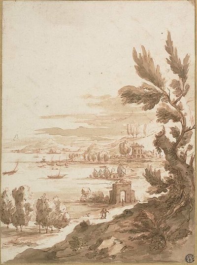 Uitzicht vanaf een heuvel met uitzicht op een haven door Jan Frans van Bloemen