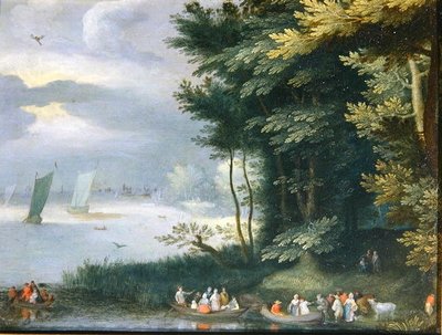 Oevers van een meer met figuren die in roeiboten stappen door Jan Frans van Bredael