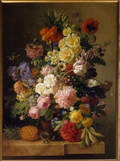 Bloemen op een marmeren console met een ananas door Jan Frans van Dael