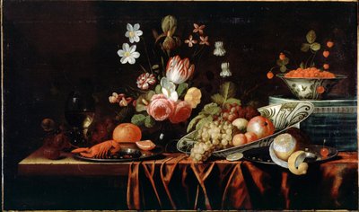 Stilleven met fruit, bloemen en rivierkreeft door Jan Frans van Son