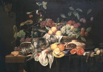 Stilleven met tinnen kruik, gehaktpastei en fruit door Jan Frans van Son