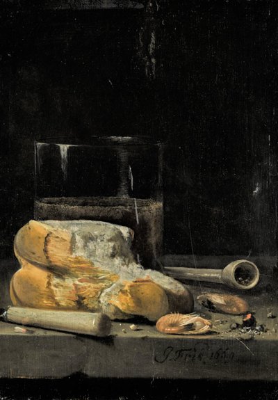Stilleven van brood, garnalen, een pijp en een glas bier op een tafel door Jan Fris