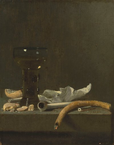 Stilleven met roemer, kleipijp en een brandende taper op een richel door Jan Fris