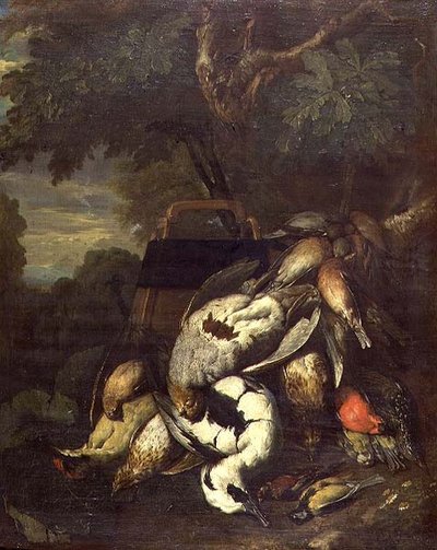 Dode korhoenders, specht, eend en andere dode vogels in een bosrijk landschap door Jan Fyt