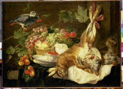 Stilleven met haas, fruit en papegaai, 1647 door Jan Fyt