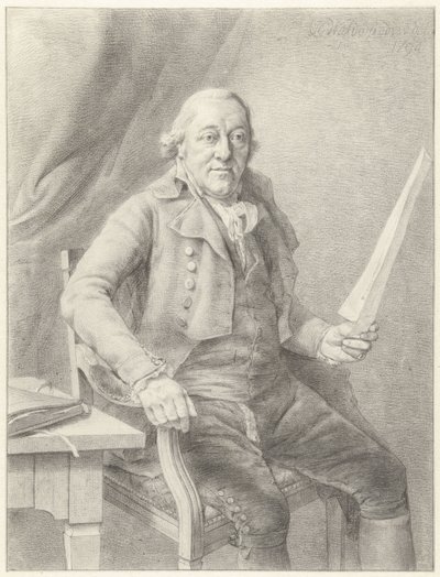 Portret van Reinier Vinkeles I, zittend in een stoel met een blad papier in de hand door Jan Gerard Waldorp