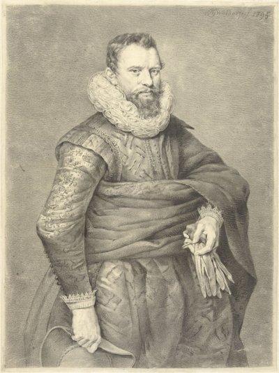 Portret van een man met handschoenen en hoed in de hand, naar rechts door Jan Gerard Waldorp