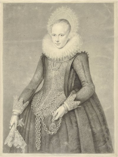 Portret van een vrouw met handschoenen en ketting met houder voor een bezoarsteen (?) door Jan Gerard Waldorp