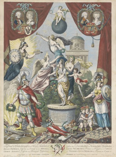 Zinneprent rond huwelijken van de zoon en dochter van Willem V, 1790-1791 door Jan Gerritsz. Visser