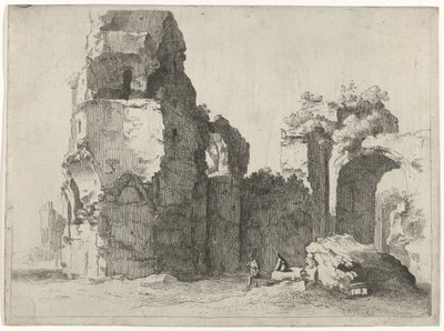 Romeinse ruïnes met twee figuren door Jan Gerritsz. van Bronckhorst