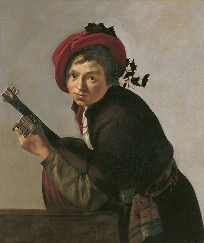 Jonge man die een theorbo bespeelt door Jan Gerritsz van Bronckhorst