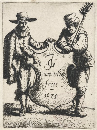 Elegante man en een schoorsteenveger bij een wapenschild door Jan Gillisz. van Vliet