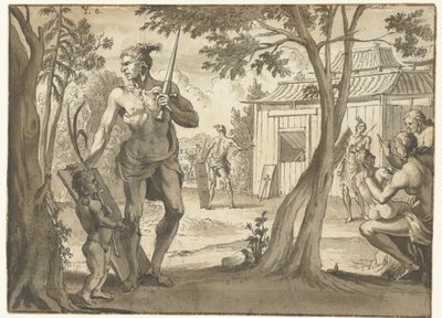Mensen bij een houten gebouw door Jan Goeree