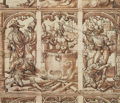 Martelaarschap van Sint Jan de Evangelist (wassing op papier) door Jan Gossaert