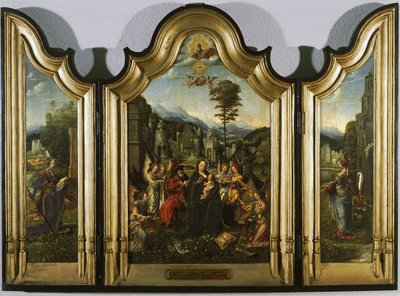 De Heilige Familie met Sint-Catharina en Sint-Barbara drieluik door Jan Gossaert
