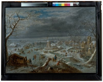 Winterlandschap met schaatsers op een bevroren vijver bij een dorp door Jan Griffier