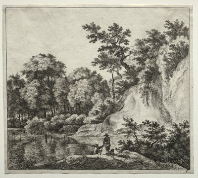 De rots die baadt in de rivier door Jan Hackaert