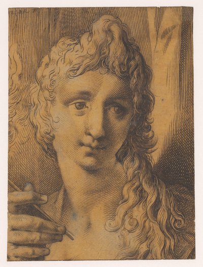 Kop van een jongeling of jonge vrouw die een burijn in de hand houdt door Jan Harmensz. Muller