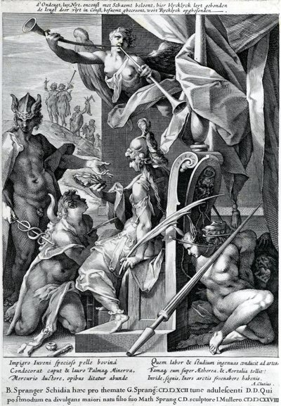 Mercurius en Minerva bewapenen een held met een stierenhuid en een lauwerkrans door Jan Harmensz Muller