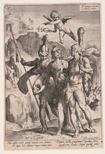 Minerva en Cupido leiden Hercules en Scipio naar het Pad der Deugd door Jan Harmensz. Muller