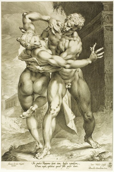 De verkrachting van een Sabijnse vrouw, frontaal zicht door Jan Harmensz. Muller
