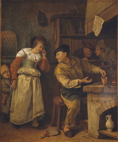 Een goudsmid die de sieraden van een vrouw smelt in aanwezigheid van een notaris: De alchemist, c. 1668-70 door Jan Havicksz. Steen