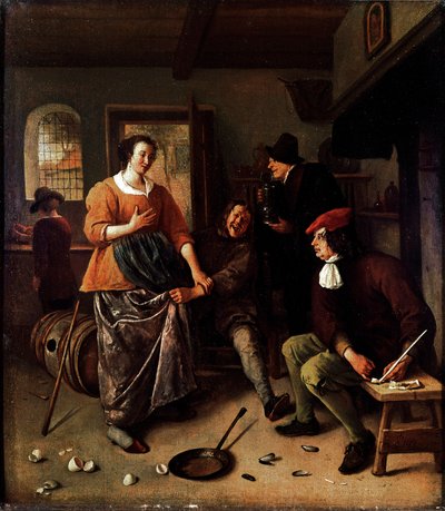 De gebroken eieren (binnen een herberg). Groep vrolijke personages in een Nederlandse keuken. De man die de rok van de vrouw optilt is een zelfportret van de schilder. Schilderij door Jan Havickszoon Steen (1665-1670) door Jan Havicksz. Steen