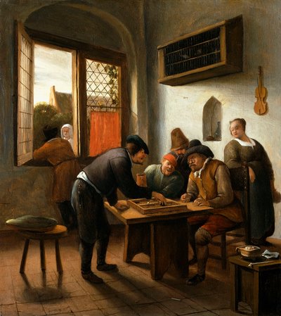 Tric Trac spelers in een interieur door Jan Havicksz. Steen