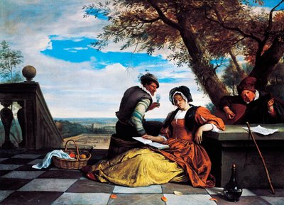 Twee mannen en een jonge vrouw maken muziek op een terras door Jan Havicksz. Steen