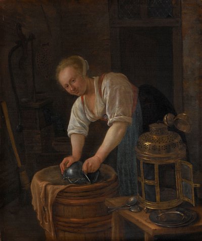 Vrouw die metalen voorwerpen schrobt door Jan Havicksz. Steen