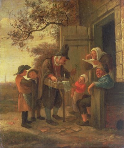 Een marskramer die brillen verkoopt buiten een huisje, c.1650-53 door Jan Havickszoon Steen