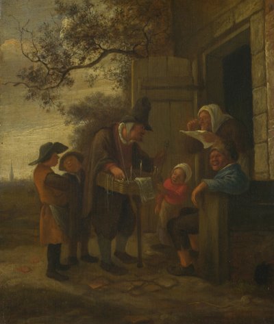Een marskramer die brillen verkoopt buiten een huisje door Jan Havickszoon Steen