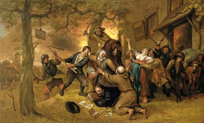Boeren en Soldaten Buiten een Herberg - Een Allegorie van de Verkrachting van Nederland door Jan Havickszoon Steen