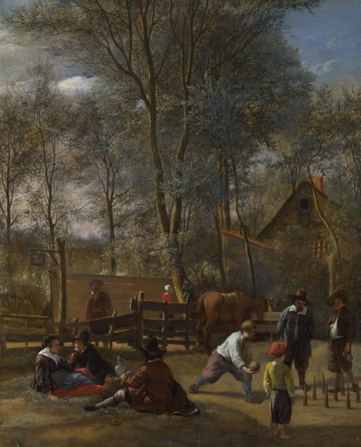 Kegelaars buiten een herberg, ca. 1663 door Jan Havickszoon Steen