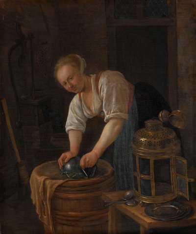 Vrouw die Metalen Voorwerpen Schuurt, 1650-60 door Jan Havickszoon Steen