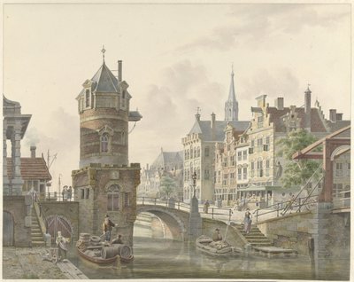 Gracht in een stad met een torentje bij een stenen brug door Jan Hendrik Verheijen