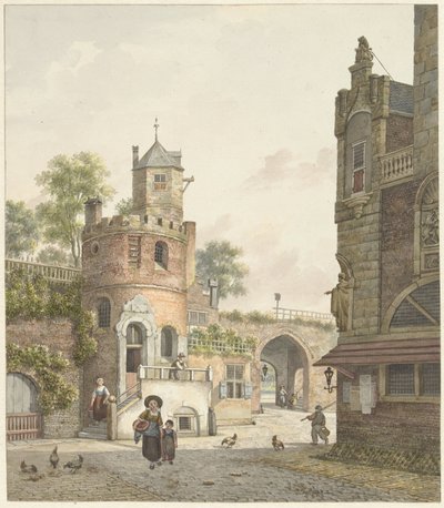 Stadsmuur met een toren en een poort, van binnen gezien door Jan Hendrik Verheijen
