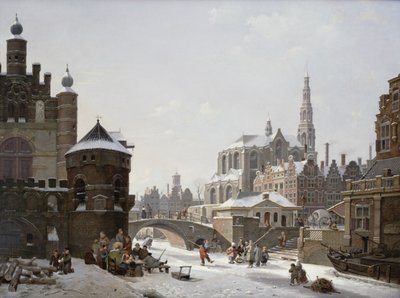 Een Capriccio-weergave van een stad met figuren op een bevroren kanaal door Jan Hendrik Verheyen