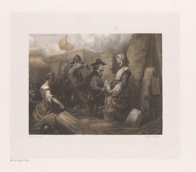 Vrouw en soldaten bij een stadspoort, mogelijk Kenau Simonsdochter door Jan Hendrik van de Laar