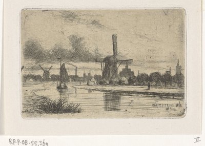 Rivierlandschap met molens door Jan Heppener