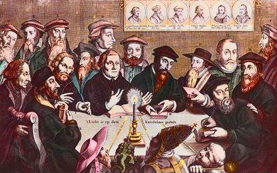 Het licht wordt op de kandelaar geplaatst - Gravure door Jan Houwens toont De hervormers - Johannes Calvijn en Maarten Luther door Jan Houwens