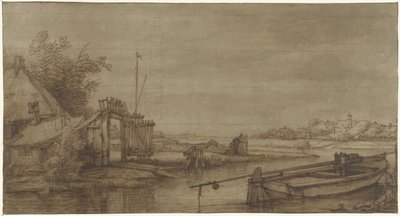 Vaartgezicht met boerderij en liggende schuit door Jan Hulswit (possibly)