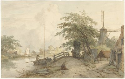 Landschap met Bruggetje en Huis aan Weg langs een Water door Jan Hulswit