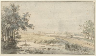 Landschap met een hengelaar aan het water door Jan Hulswit