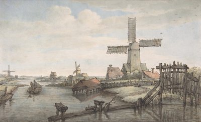 Uitzicht op een kanaal met drie windmolens door Jan Hulswit